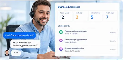Dashboard di assistenza clienti AziendaPromo con gestione ticket e supporto tecnico