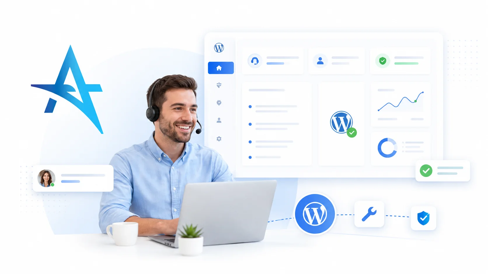 Supporto tecnico WordPress con operatore e dashboard di assistenza