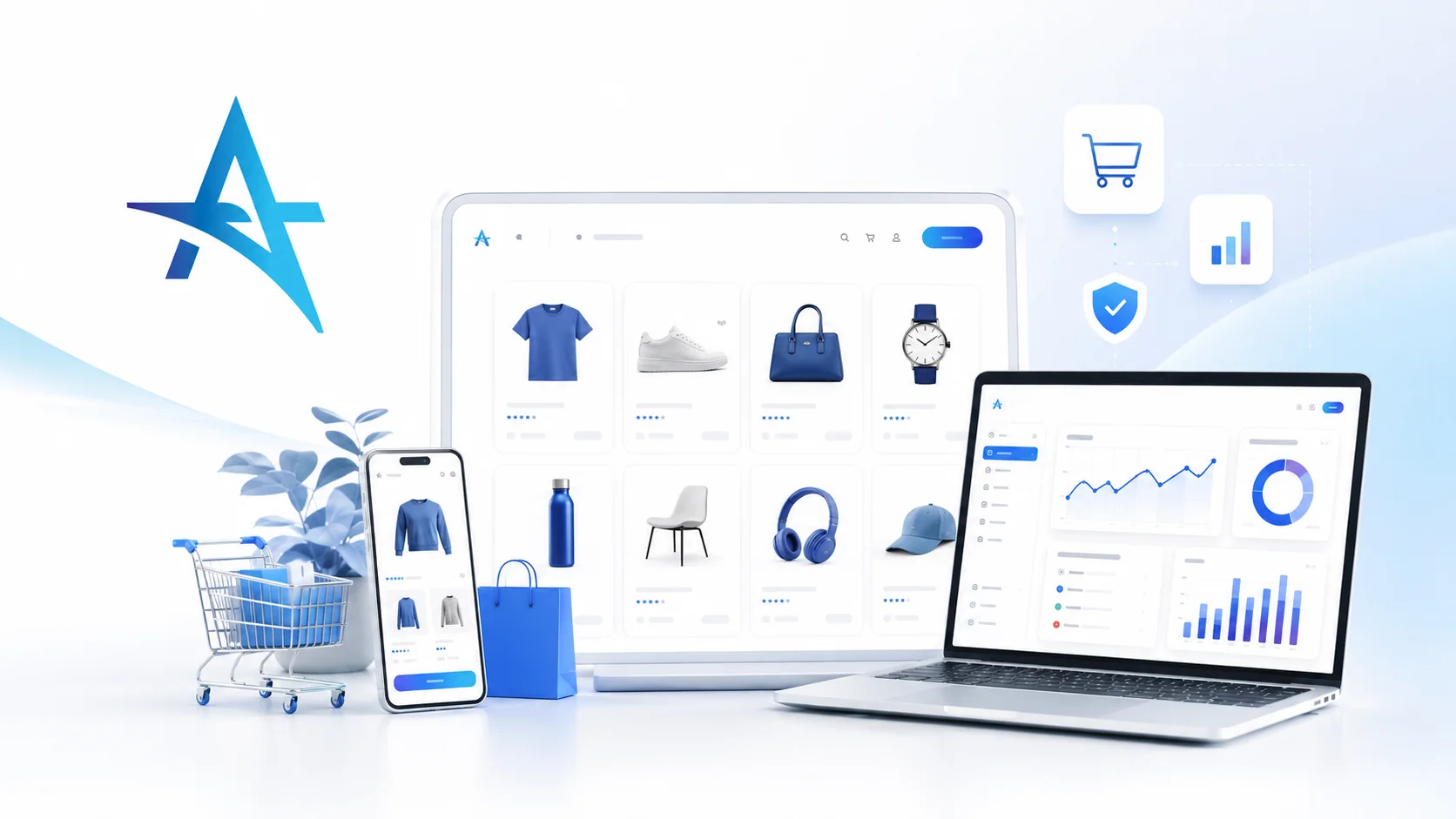 Interfaccia e-commerce con catalogo prodotti e dashboard analitica