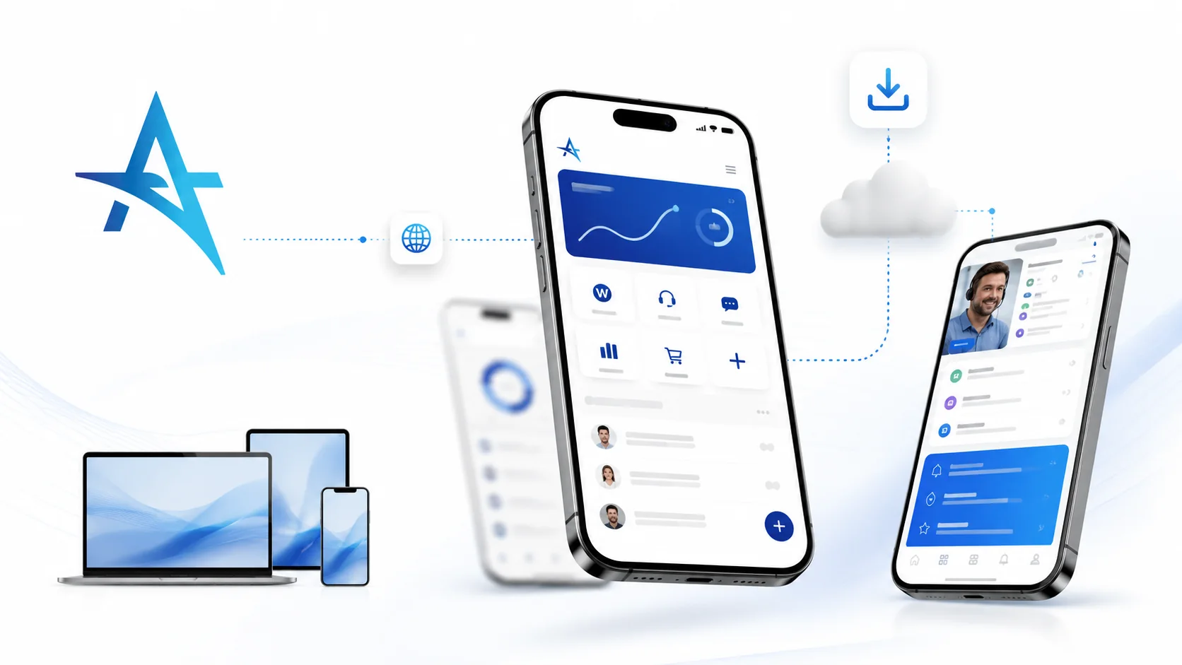 Applicazione PWA su smartphone con ecosistema digitale tra cloud e dispositivi