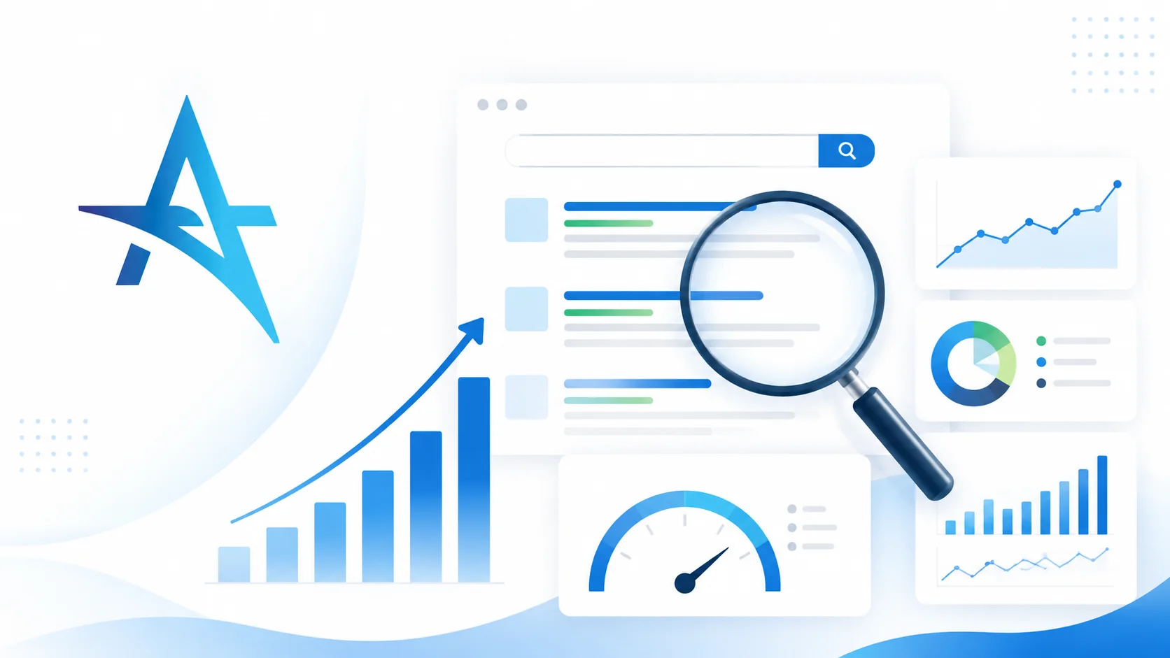 Dashboard SEO con grafici di crescita, analisi e risultati di ricerca